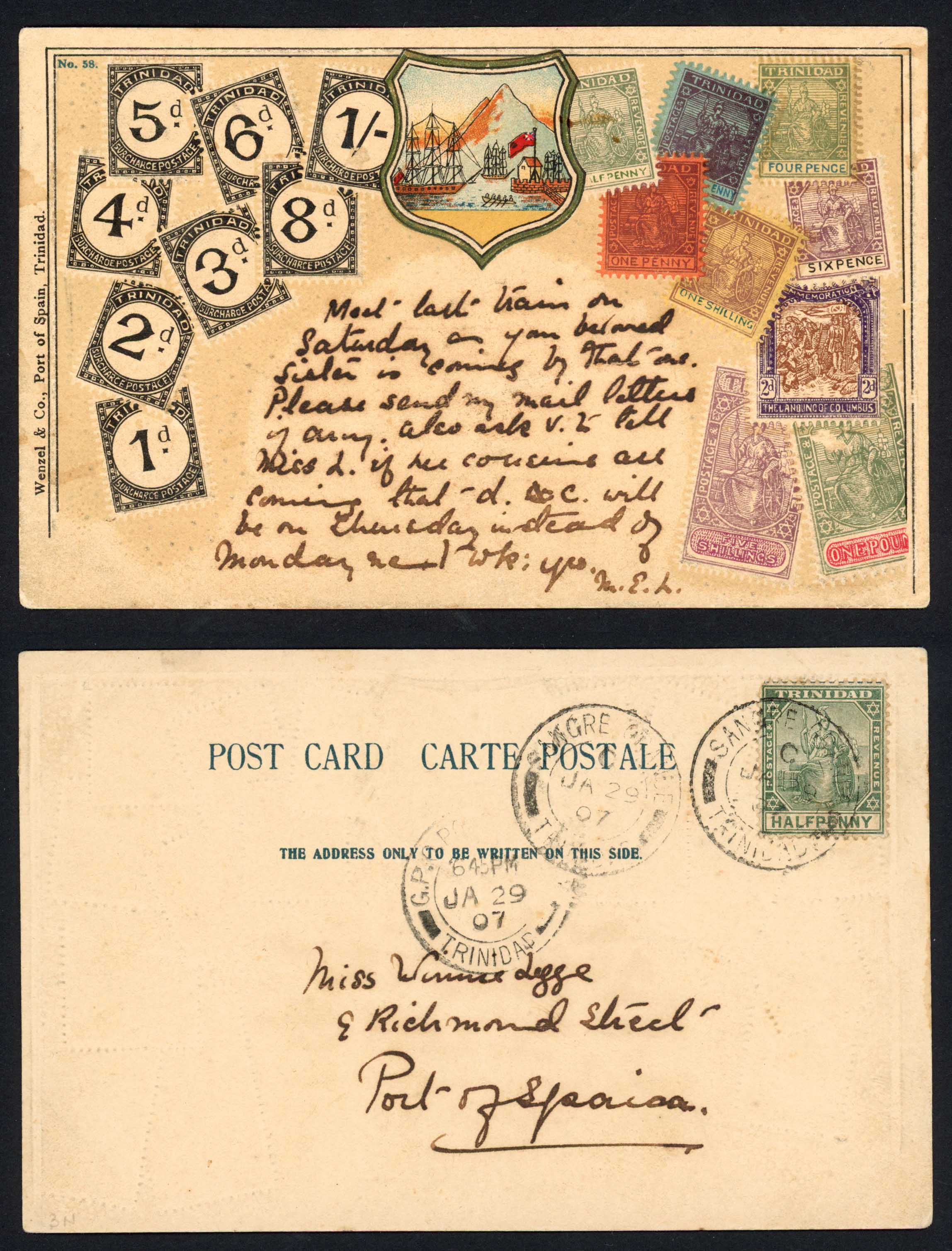 Barbados Postcard Colour depicting Barbados stamps used