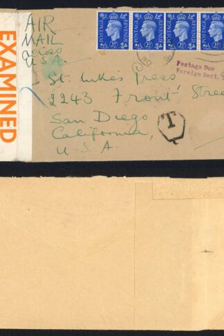 KGVI 2 1/2d Ultramarine cover Censored Press Letter Airmail Post Due