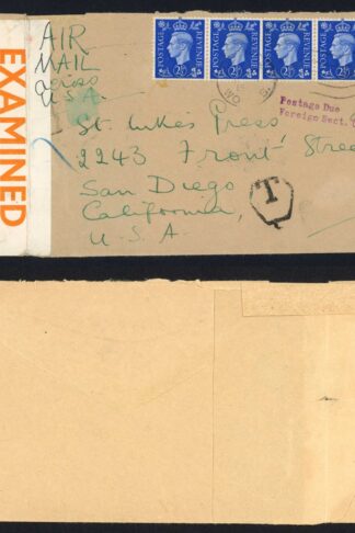 KGVI 2 1/2d Ultramarine cover Censored Press Letter Airmail Post Due
