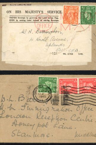 KGVI 2d Pale Orange on Twice reused Envelope