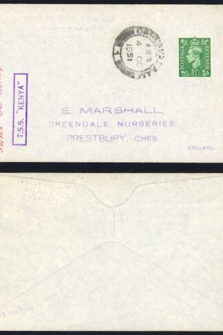 KGVI 1 1 /2d Pale Green Posted on the high Seas on board TSS KENYA cover