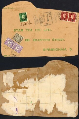 KGVI 1 1 /2d Red-brown 1938 Sent as tea sample post dued part parcel