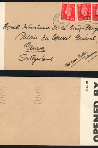 KGVI 1d Scarlet 1941 Censored cover via Red Cross Postal Scheme in Switzerland