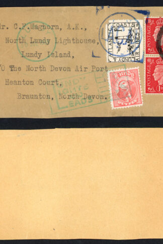 KGVI 1d Scarlet and Lundy stamps on piece from C Waghorn North Lundy Lighthouse