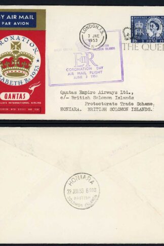 British Solomon Is Coronation Airmail Flight from London Cover