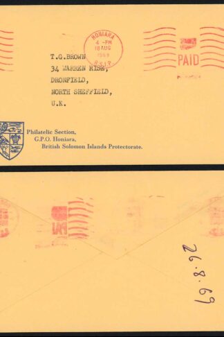 British Solomon Is 1969 Paid by a Machine Cancellation Cover