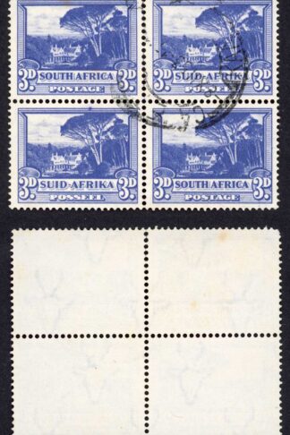 South Africa SG117a 3d Blue Fine used Block (small tone patch) Cat 15++ pounds