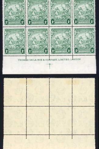 Barbados SG249b 1d Blue Green Perf 14 Imprint Block (4 x U/M)