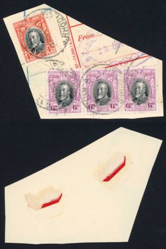 Southern Rhodesia SG20 KGV 6d black and magenta Strip plus a 4d Orange on piece