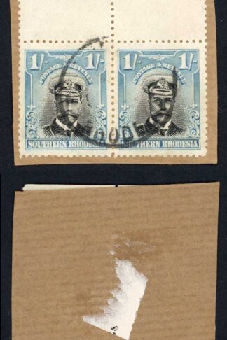 Southern Rhodesia SG10 1/- Black and Light Blue CDS Pair on Piece Cat 26+ pounds