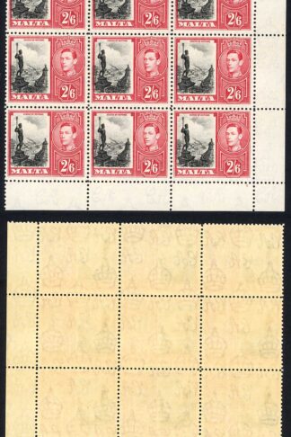Malta SG229 KGVI 2/6 Block of 9 inc DAMAGED Value Tablet U/M Cat 445+ pounds