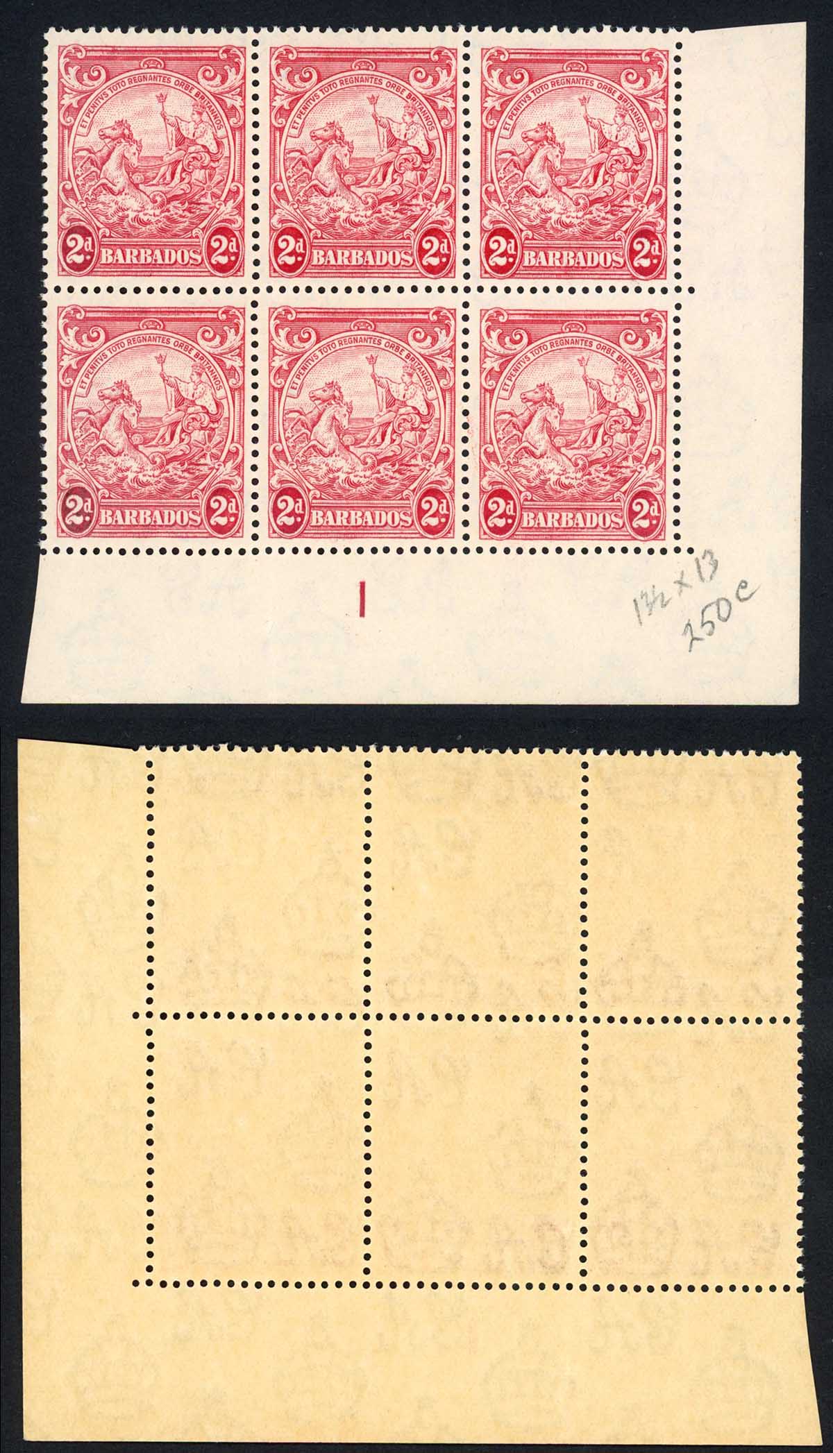 Barbados SG250da 2d Carmine perf 13.5 x 13 Extra Frame U/M (brown gum)