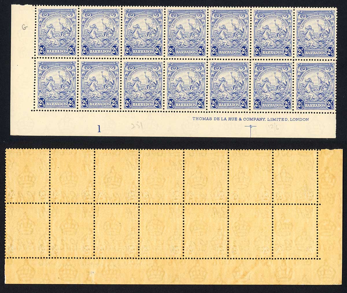 Barbados SG251 2 1/2d Ultramarine Block of 14 U/M (brown gum)