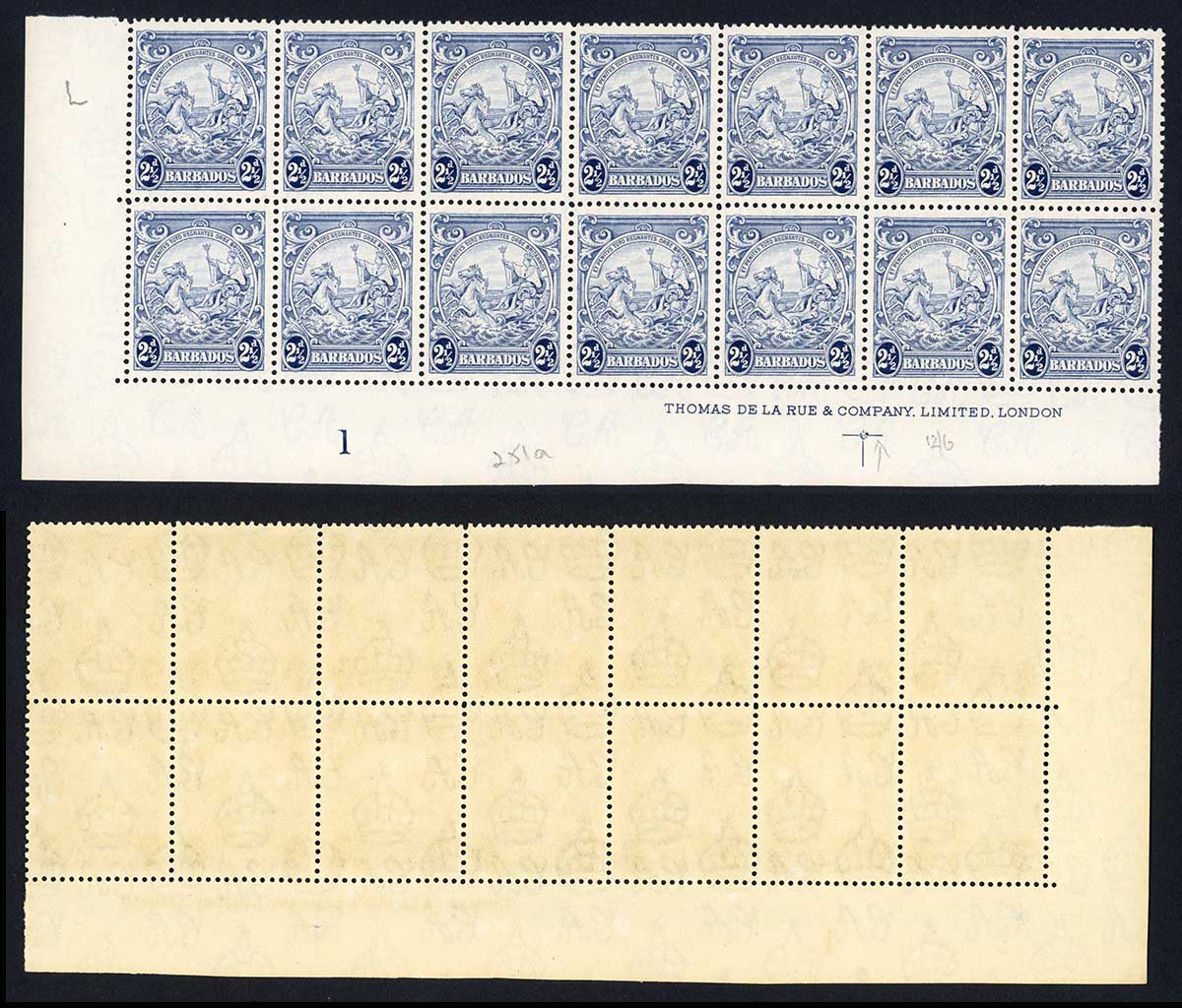 Barbados SG251a 2 1/2d Blue Block of 14 U/M (brown gum)