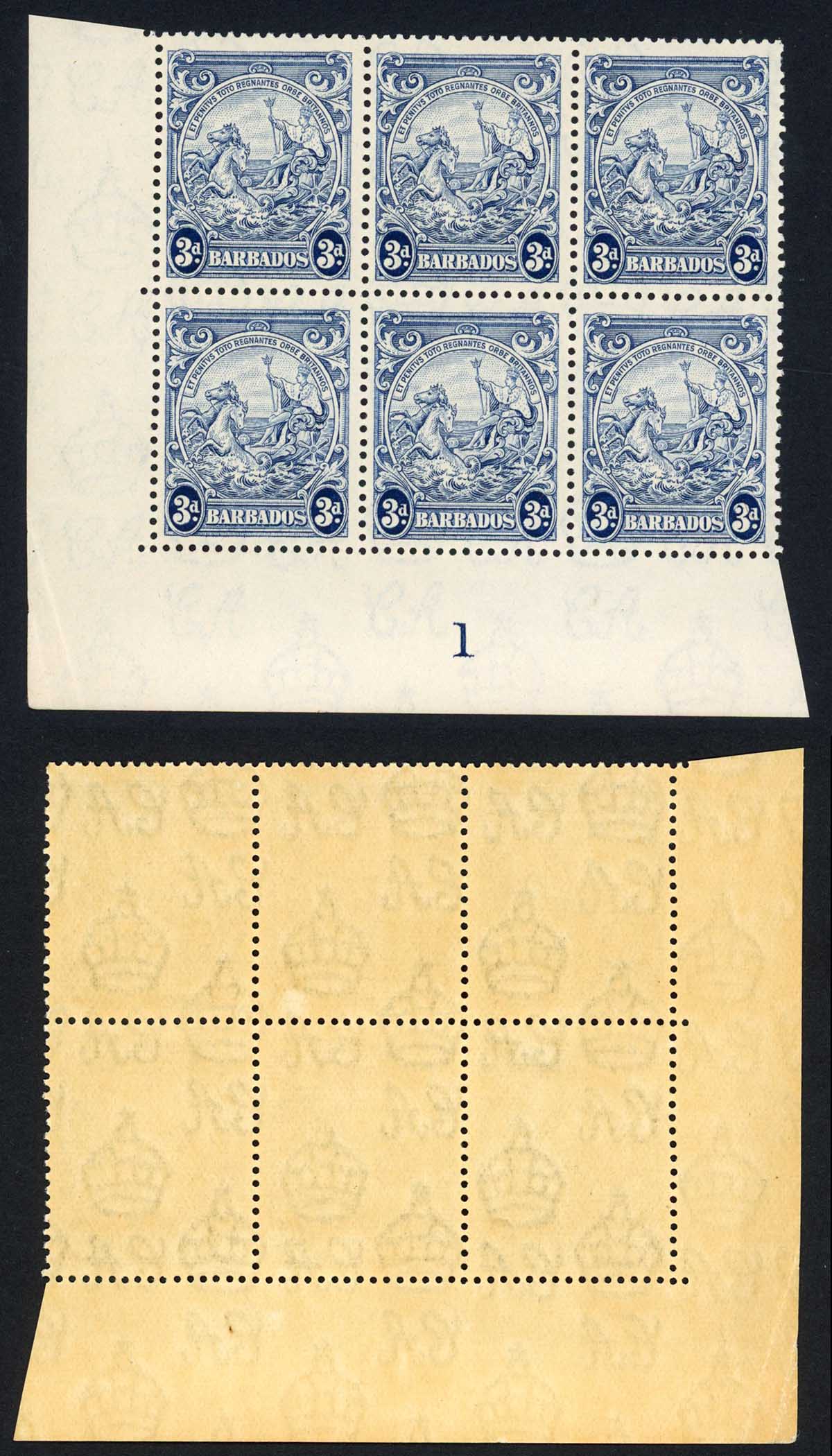 Barbados SG251a 2 1/2d Blue Block of 6 U/M (brown gum)