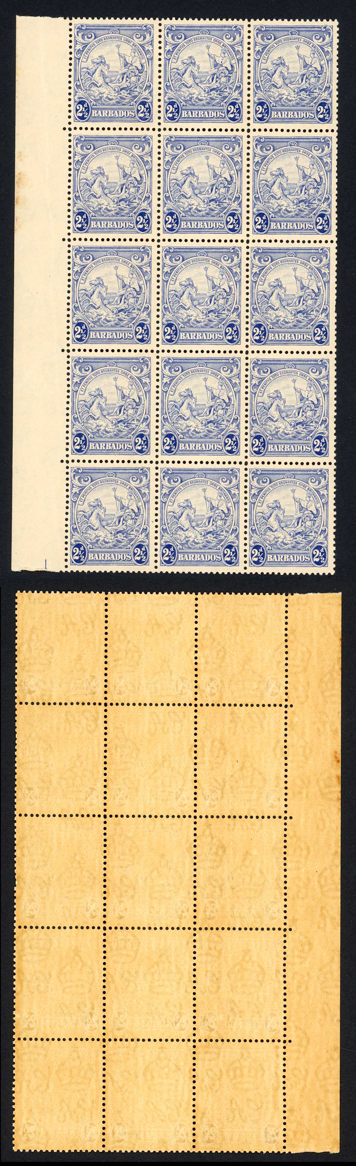 Barbados SG251 2 1/2d Ultramarine Block inc Mark in central Ornament x 2 U/M