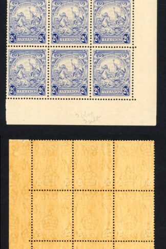 Barbados SG251 2 1/2d Ultramarine Block of 18 U/M (brown gum)