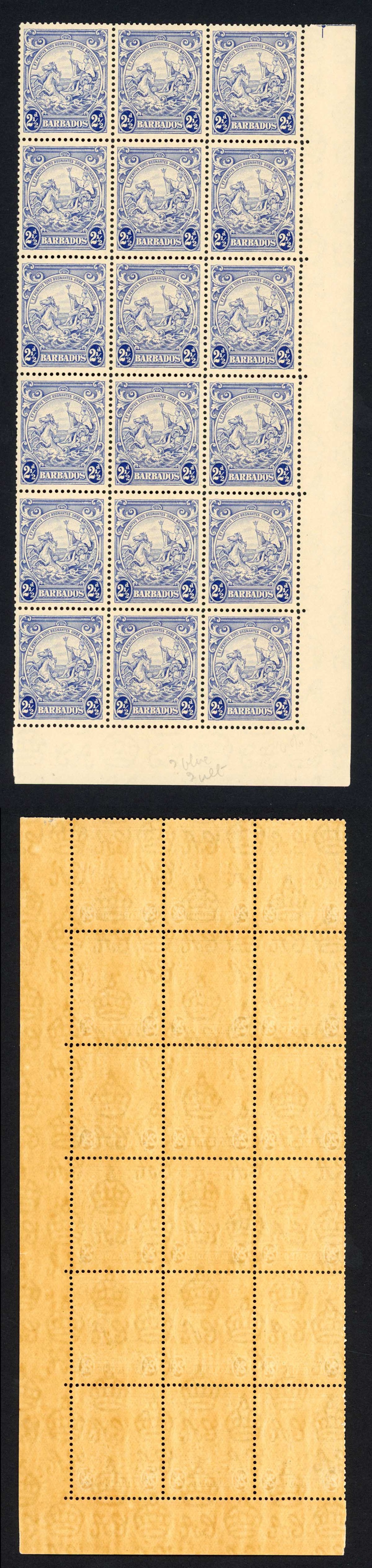 Barbados SG251 2 1/2d Ultramarine Block of 18 U/M (brown gum)