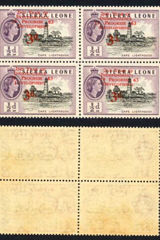 Sierra Leone SG257b 3d on 1/2d Narrow setting in block with normals U/M (toned)