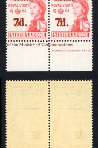 Sierra Leone SG279a 7d on 3d Top right stamp 1895 for 1859 U/M
