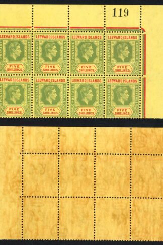 Leeward Is SG112 1938 5/- green and red on yellow Chalky paper U/M Block Cat 400