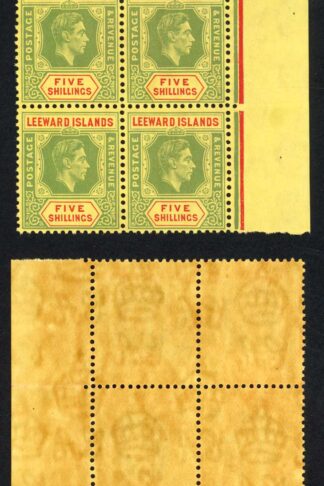 Leeward Is SG112 1938 5/- green and red on yellow Chalky paper U/M Block Cat 200