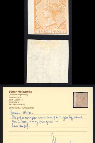 Bermuda SG5a 3d Yellow-buff Wmk CC Plate Proof with Holcombe cert