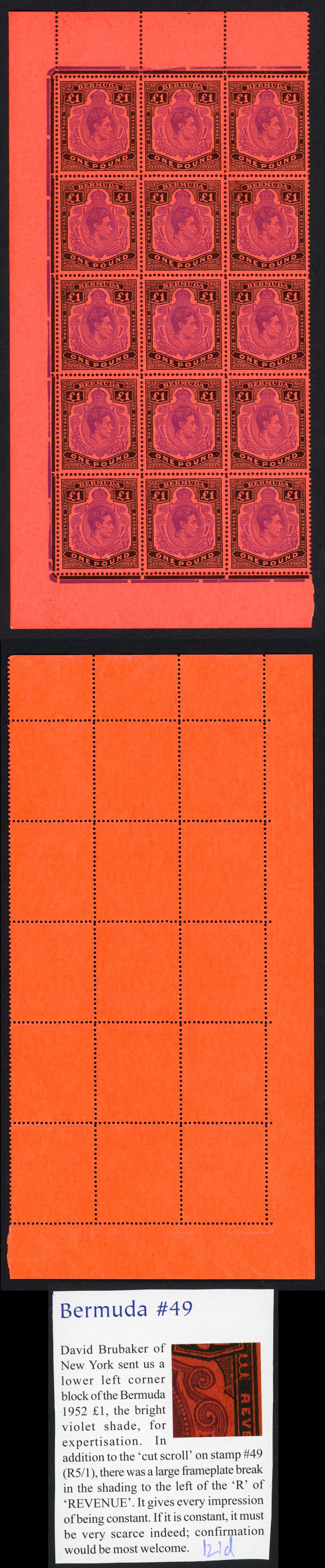 Bermuda SG121e One Pound BRIGHT VIOLET and Black on Scarlet Paper RARE Cat 2700+