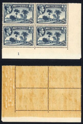 Montserrat SG109 2/6 Slate-blue Perf 13 U/M (Toned) Plate Block Cat 180+ pounds