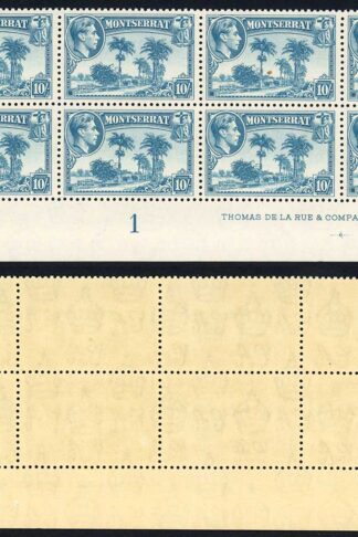 Montserrat SG111 10/- Pale blue U/M Imprint/Plate Block Cat 200+ pounds