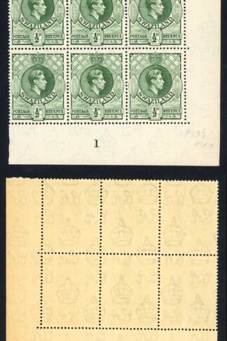 Swaziland SG28a 1/2d Green Perf 13.5 x 14 Plate Block U/M