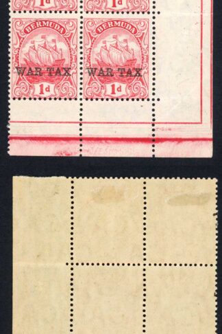 Bermuda SG58 1d opt WAR TAX (SG type 17) 2 x U/M Block Cat 32 pounds