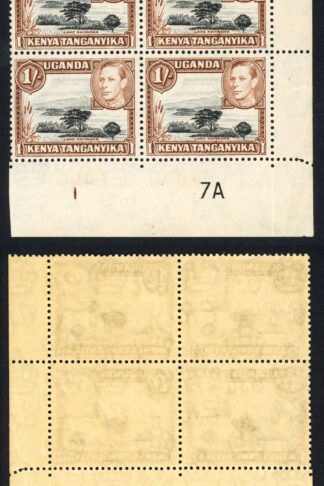 KUT SG145b 1/- Black and Brown 13x12.5 block of 4 U/M (toned) Cat 96+ pounds