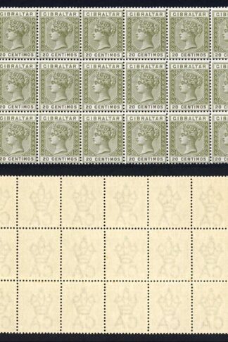 Gibraltar SG24 20c Olive-green and Brown U/M Block of 18 Cat 504++++ pounds