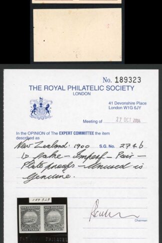 New Zealand SG274b 1d Imperf Plate Proofs with RPS cert
