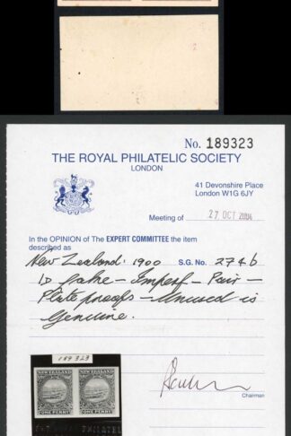 New Zealand SG274b 1d Imperf Plate Proofs with RPS cert