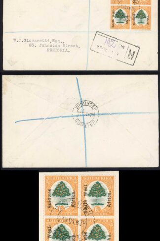 SWA SG43 Block on Registered Cover to Pretoria Cat 110 as 2 pairs