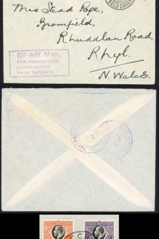 Gold Coast KGV 6d and 1/- Airmail cover