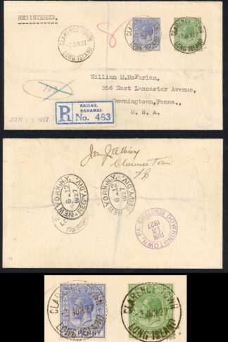 Bahamas 1927 1/2d and 2 1/2d registered Cover from Clarence Town (Long Island)