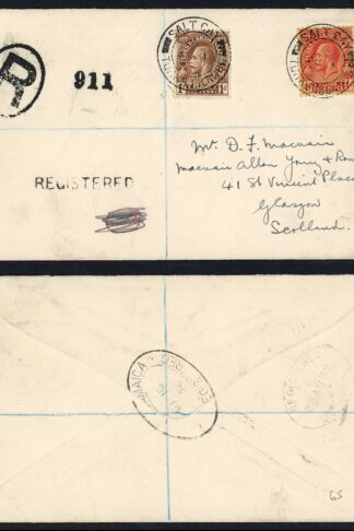 Turks and Caicos 1932 registered Cover from Salt Cay to Scotland