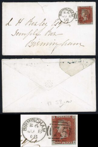 1841 Penny Red (QK) Plate 59 Birmingham DUPLEX Pmk Late usage on Cover