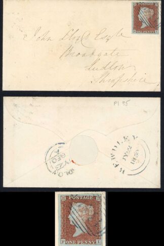 1841 Penny Red (FI) Plate 95 Four Margins Bewdley Pmk in BLUE Cat 650 pounds