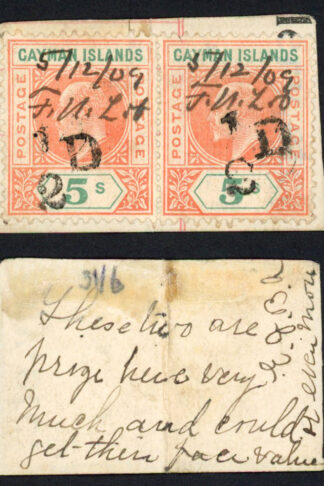 Cayman Is SG19 1d on 5/- PAIR with manuscript