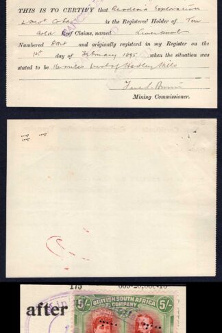Rhodesia SG159 5/- Double Head on a Mining Document