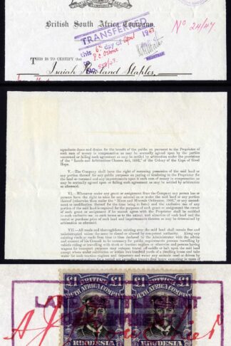 Rhodesia SG255u One Pound BLOCK on a Land Grant document