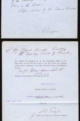 Rhodesia One Pound Double Head and 10/- Admiral on court document
