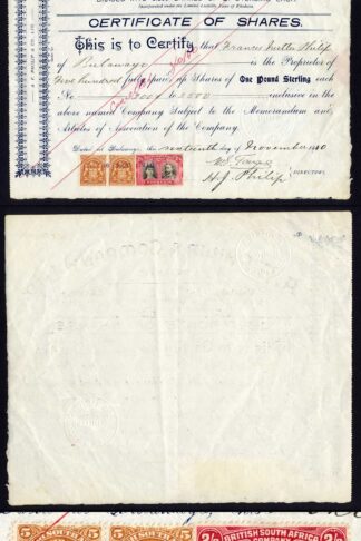 Rhodesia 2/6 Double Head and 5/- Pair on a Share Certificate