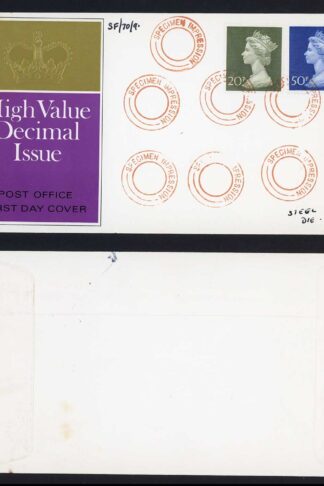 Post Office 1970 cancellation trials for 1972 Large Machin 20p and 50p FDCc