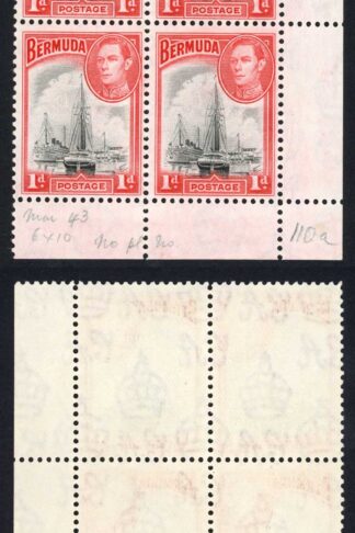 Bermuda SG110 1938 1d Black and Red No plate number Block U/M Cat 11+++ pounds