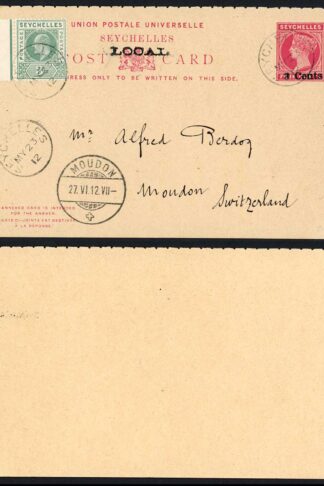 Seychelles HG10 3c on 4c postcard uprated to Switzerland